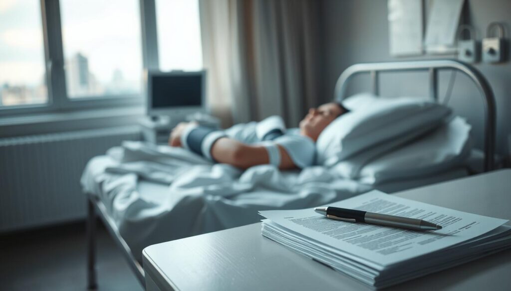 A sterile hospital room, the focus is on a patient lying in a bed, their arm bandaged and in a sling. A stack of documents and a pen are on a table nearby, representing the paperwork and legal process of a personal injury claim. The scene is bathed in soft, diffused lighting, creating a somber, thoughtful atmosphere. In the background, a blurred view of a cityscape can be seen through a window, hinting at the wider context of the situation. The overall composition conveys the gravity and complexity of navigating the personal injury claims process.