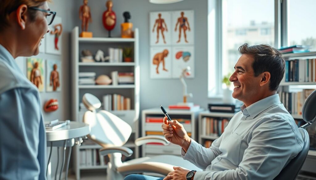 A sunlit dental office, the walls adorned with colorful anatomical models and diagrams. In the foreground, a dentist sits, pen in hand, intently listening to a patient's concerns. Muted tones of whites, grays, and blues create a calming atmosphere, while the dentist's reassuring expression conveys empathy and professionalism. The middle ground features a dental chair, gleaming with chrome accents, suggesting the technologies that enable modern dental care. In the background, shelves filled with medical journals and reference books hint at the depth of knowledge that underpins the practice of dentistry, a tapestry of narratives woven into the fabric of healthcare. A sunlit dental office, the walls adorned with colorful anatomical models and diagrams. In the foreground, a dentist sits, pen in hand, intently listening to a patient's concerns. Muted tones of whites, grays, and blues create a calming atmosphere, while the dentist's reassuring expression conveys empathy and professionalism. The middle ground features a dental chair, gleaming with chrome accents, suggesting the technologies that enable modern dental care. In the background, shelves filled with medical journals and reference books hint at the depth of knowledge that underpins the practice of dentistry, a tapestry of narratives woven into the fabric of healthcare.