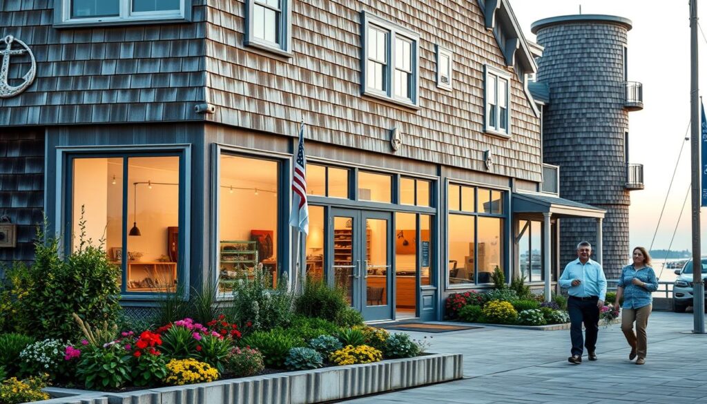 A tranquil seaside office building with a warm, inviting facade. Weathered shingles and nautical-inspired details create a sense of coastal charm. Large windows allow natural light to flood the interior, casting a soft, ambient glow. In the foreground, a well-maintained garden with lush greenery and vibrant flowers adds a touch of serenity. Pedestrians stroll along the sidewalk, conveying a relaxed, community-oriented atmosphere. The overall scene exudes reliability, professionalism, and a deep connection to the local coastal setting. A tranquil seaside office building with a warm, inviting facade. Weathered shingles and nautical-inspired details create a sense of coastal charm. Large windows allow natural light to flood the interior, casting a soft, ambient glow. In the foreground, a well-maintained garden with lush greenery and vibrant flowers adds a touch of serenity. Pedestrians stroll along the sidewalk, conveying a relaxed, community-oriented atmosphere. The overall scene exudes reliability, professionalism, and a deep connection to the local coastal setting.