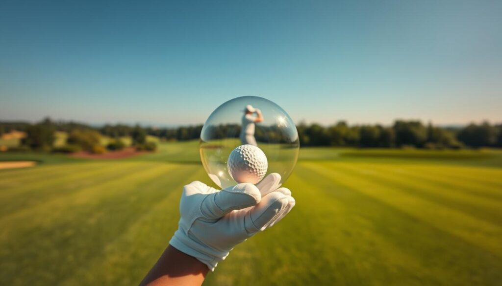 A vast green golf course, meticulously manicured, stretches out before a clear blue sky. In the foreground, a pair of gloved hands holds a golf ball, encased in a protective bubble-like shield. The bubble glows softly, radiating a sense of security and protection. In the middle ground, a golfer, dressed in crisp, pristine attire, prepares to tee off, their confidence bolstered by the knowledge that their golf score is safeguarded by the "birdie insurance" coverage. The scene is captured through a wide-angle lens, emphasizing the vastness of the course and the significance of the protective bubble. Warm, natural lighting illuminates the scene, creating a sense of tranquility and well-being. The overall mood conveys the peace of mind that comes with having one's golf game insured against the unexpected.