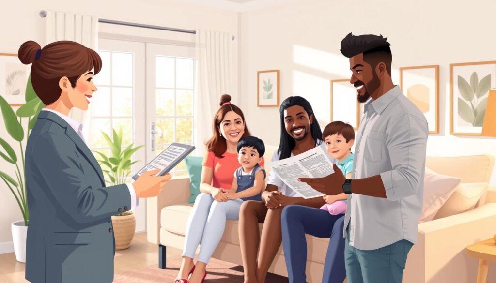 A vibrant illustration of life insurance coverage featuring a young, diverse family in a well-lit, modern living room. In the foreground, a friendly insurance agent stands, presenting policy details on a tablet. The family - a smiling couple and their two children - sits on a comfortable sofa, engaged in the discussion. The background showcases a peaceful, cozy domestic scene with natural light streaming through large windows, a potted plant, and tasteful artwork on the walls. The overall atmosphere conveys a sense of security, trust, and financial protection.