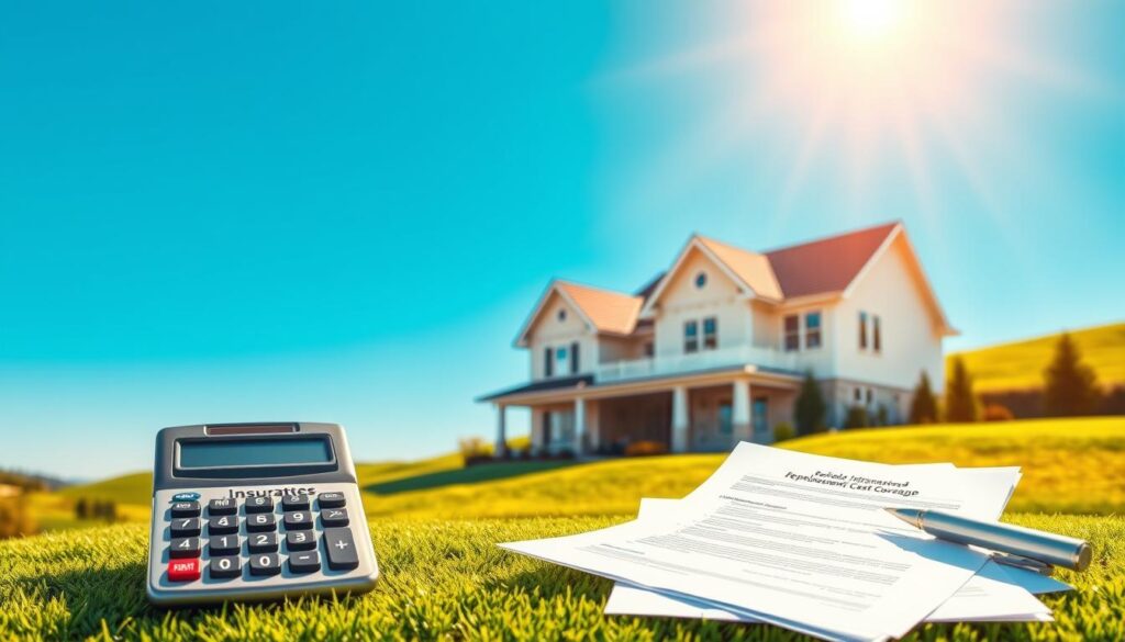 A vibrant, photorealistic illustration of "replacement cost coverage" depicting a modern, well-maintained house set against a clear blue sky. In the foreground, a calculator and insurance documents are prominently displayed, symbolizing the financial protection provided by this coverage. The middle ground showcases the house in pristine condition, with intricate architectural details and a well-manicured lawn. Warm, directional sunlight bathes the scene, creating a sense of security and stability. The background features a serene, pastoral landscape with rolling hills and lush greenery, conveying the peace of mind that comes with guaranteed replacement cost coverage. The overall composition and color palette evoke a sense of financial security and safeguarding one's most valuable asset.