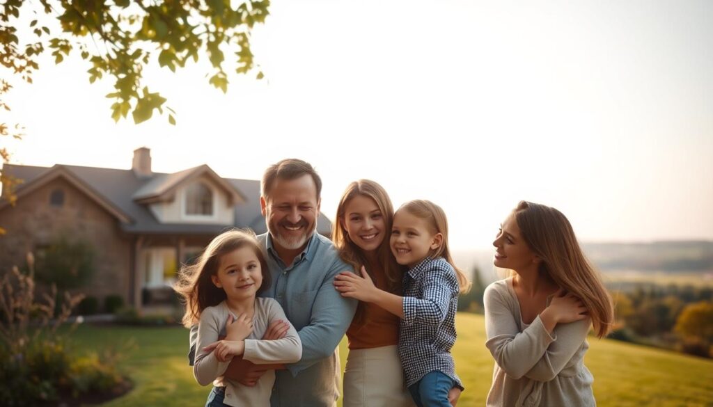 A warm, family-focused image showcasing the protection and security provided by a life insurance program. In the foreground, a loving couple embracing their young children, their expressions radiating contentment and trust. The middle ground features a sturdy, inviting home, its architecture and design conveying a sense of stability and comfort. In the background, a tranquil landscape with lush greenery and a calm, sun-dappled sky, symbolizing the peaceful future the insurance program helps secure. Soft, diffused lighting creates a cozy, inviting atmosphere, while a wide-angle lens captures the full scope of the family's secure and prosperous environment.
