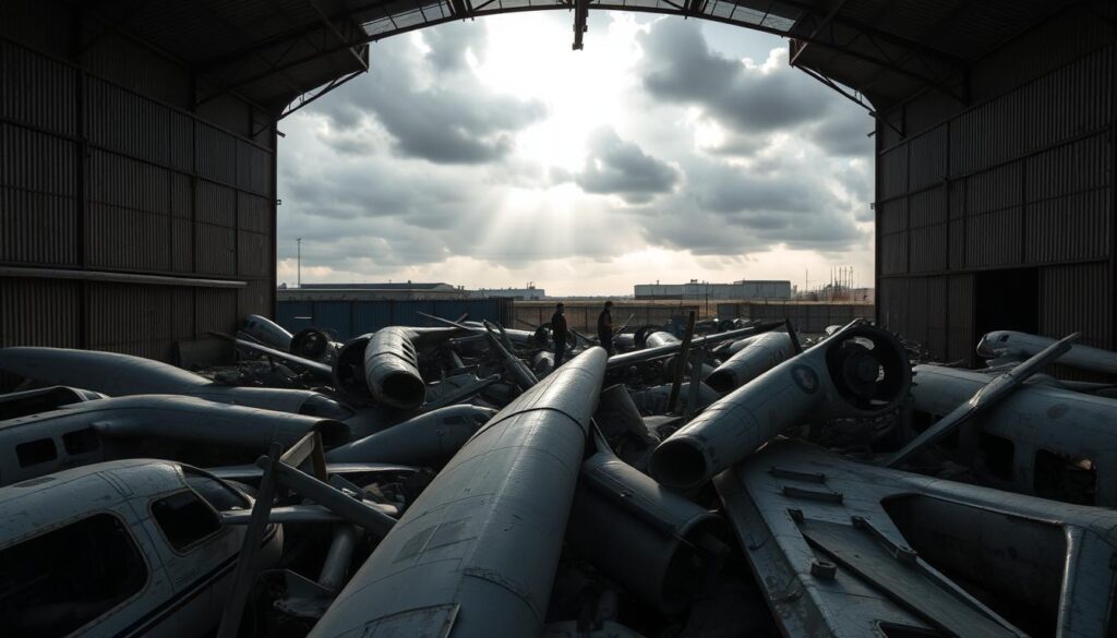 A weathered hangar at an aircraft salvage yard, its corrugated metal walls casting long shadows under a moody, overcast sky. In the foreground, crumpled fuselages and twisted wings of decommissioned planes lie in a jumbled pile, their once-sleek exteriors now scarred and faded. Sunlight filters through the clouds, illuminating the scene with a melancholic glow. In the distance, a lone mechanic inspects the damage, clipboard in hand, surrounded by the eerie silence of the graveyard of aviation. The atmosphere is one of quiet contemplation, a testament to the fragility of flight and the inevitable cycle of life and decay. A weathered hangar at an aircraft salvage yard, its corrugated metal walls casting long shadows under a moody, overcast sky. In the foreground, crumpled fuselages and twisted wings of decommissioned planes lie in a jumbled pile, their once-sleek exteriors now scarred and faded. Sunlight filters through the clouds, illuminating the scene with a melancholic glow. In the distance, a lone mechanic inspects the damage, clipboard in hand, surrounded by the eerie silence of the graveyard of aviation. The atmosphere is one of quiet contemplation, a testament to the fragility of flight and the inevitable cycle of life and decay.