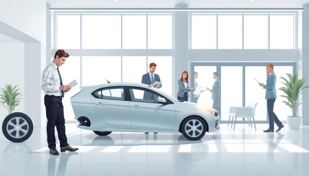 A well-lit, architectural illustration of a step-by-step appraisal process. In the foreground, a person in formal attire examines a vehicle, meticulously documenting its condition. In the middle ground, a team of experts confers, analyzing data and reports. The background depicts a modern, minimalist office setting, with clean lines and natural lighting filtering through tall windows. The overall scene conveys a sense of professionalism, attention to detail, and a methodical approach to the appraisal process. The composition utilizes a balanced, symmetrical layout to emphasize the structured nature of the procedure.