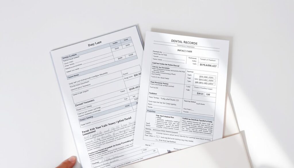 A well-lit close-up of an open dental record folder, displaying insurance forms and handwritten notes against a plain white background. The forms feature diverse patient details, treatments, and billing information, conveying the narrative of dental care and insurance claims. The lighting is soft and natural, casting gentle shadows to highlight the textural quality of the documents. The angle is slightly elevated, providing an immersive, almost clinical perspective, as if the viewer is a healthcare professional reviewing the case files. The overall mood is one of professionalism, organization, and the importance of thorough documentation in the dental insurance process. A well-lit close-up of an open dental record folder, displaying insurance forms and handwritten notes against a plain white background. The forms feature diverse patient details, treatments, and billing information, conveying the narrative of dental care and insurance claims. The lighting is soft and natural, casting gentle shadows to highlight the textural quality of the documents. The angle is slightly elevated, providing an immersive, almost clinical perspective, as if the viewer is a healthcare professional reviewing the case files. The overall mood is one of professionalism, organization, and the importance of thorough documentation in the dental insurance process.