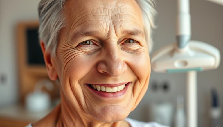 A well-lit, high-resolution close-up photograph of a mature adult's smiling face against a soft-focus blurred background with subtle indications of dental equipment and supplies. The subject's expression should convey a sense of confidence, security, and satisfaction with their dental insurance coverage. The lighting should be warm and inviting, with just the right balance of highlights and shadows to accentuate the subject's features. The overall composition should feel balanced and visually appealing, drawing the viewer's attention to the central focus of the image.