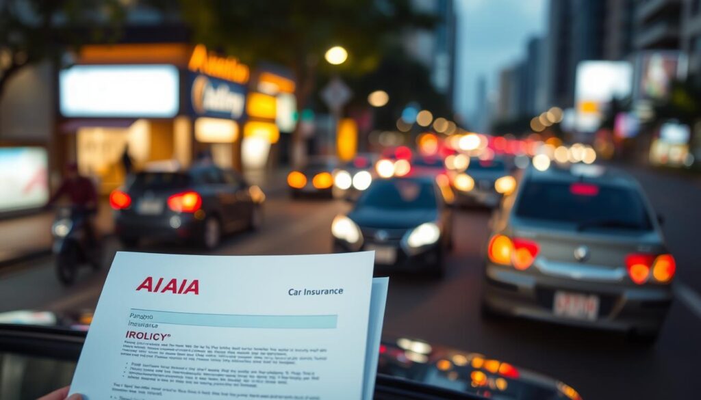 A well-lit, high-resolution image of a car insurance policy document prominently displayed in the foreground, with a blurred background featuring the bustling streets of Bangkok, Thailand. The policy document should have a clean, professional design, showcasing the AIA logo and branding. The lighting should be soft and natural, creating a sense of trust and reliability. The angle should be slightly elevated, giving the viewer a sense of authority and importance. The overall mood should convey a feeling of security and protection for drivers navigating the roads of Thailand.