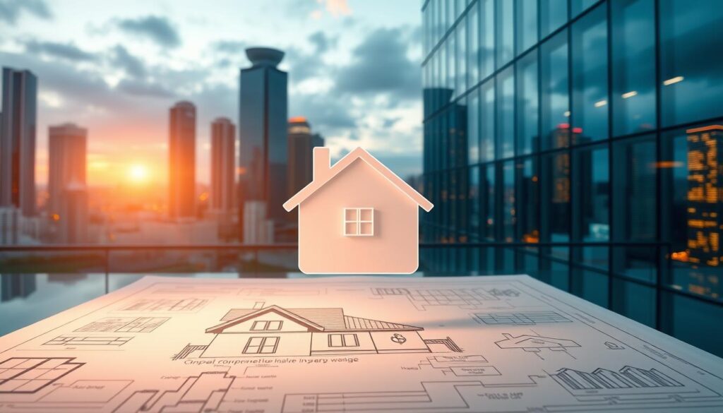 An expansive, modern property insurance agency set against a backdrop of sleek skyscrapers and a vibrant city skyline. In the foreground, a stylized icon representing comprehensive coverage hovers above a detailed blueprint of a residential dwelling, illuminated by warm, directional lighting. The middle ground features an elegant, glass-walled office space where agents in crisp, professional attire consult with clients, demonstrating the personalized, high-tech services offered. The background depicts a diverse cityscape, suggesting the broad, metropolitan reach of the advanced insurance solutions. An overall sense of security, innovation, and forward-thinking protection pervades the scene.