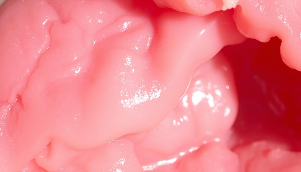 Close-up view of healthy, pink and vibrant gum tissue in the process of healing. The gums are slightly swollen and have a moist, granular texture, indicating an active regenerative process. The tissue is illuminated by soft, diffused lighting from the side, casting gentle shadows that accentuate the natural contours and textures. The image is captured with a macro lens, providing a detailed, high-resolution perspective that allows the viewer to appreciate the intricate structures and subtle variations within the healing gum area. Close-up view of healthy, pink and vibrant gum tissue in the process of healing. The gums are slightly swollen and have a moist, granular texture, indicating an active regenerative process. The tissue is illuminated by soft, diffused lighting from the side, casting gentle shadows that accentuate the natural contours and textures. The image is captured with a macro lens, providing a detailed, high-resolution perspective that allows the viewer to appreciate the intricate structures and subtle variations within the healing gum area.