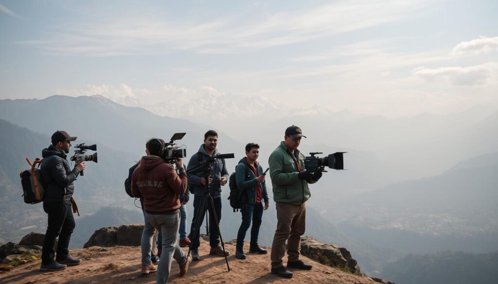 Generate an image of a film production team in Nepal with insurance coverage