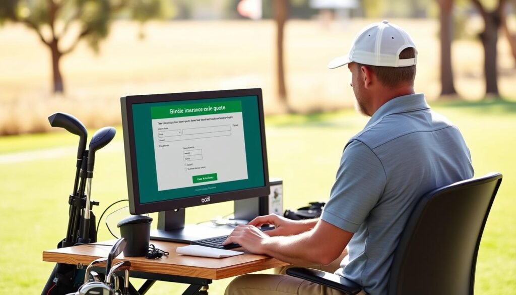 Generate an image of a golfer at a computer, filling out a form to receive a Birdie Insurance quote.
