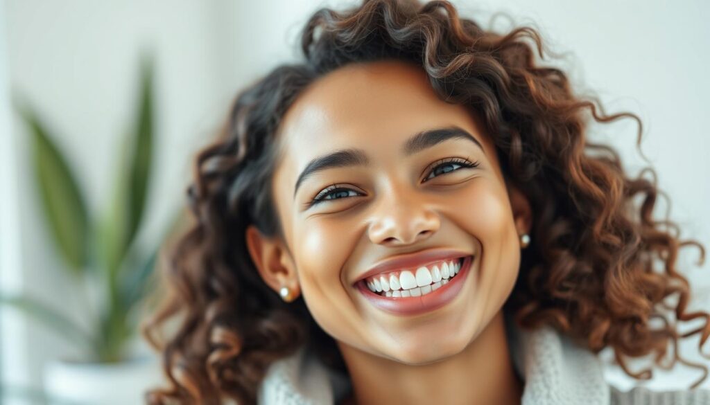 Generate an image of a person smiling with Candid clear aligners