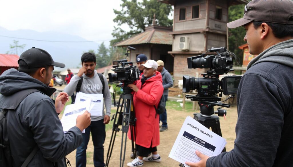 Image of a film production team on set in Nepal with insurance documents and equipment Image of a film production team on set in Nepal with insurance documents and equipment