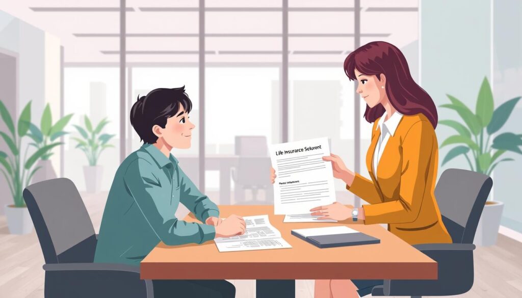 Image of a person reviewing life insurance documents with a financial advisor.