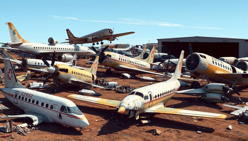 Image of an aircraft salvage yard with various damaged aircraft Image of an aircraft salvage yard with various damaged aircraft