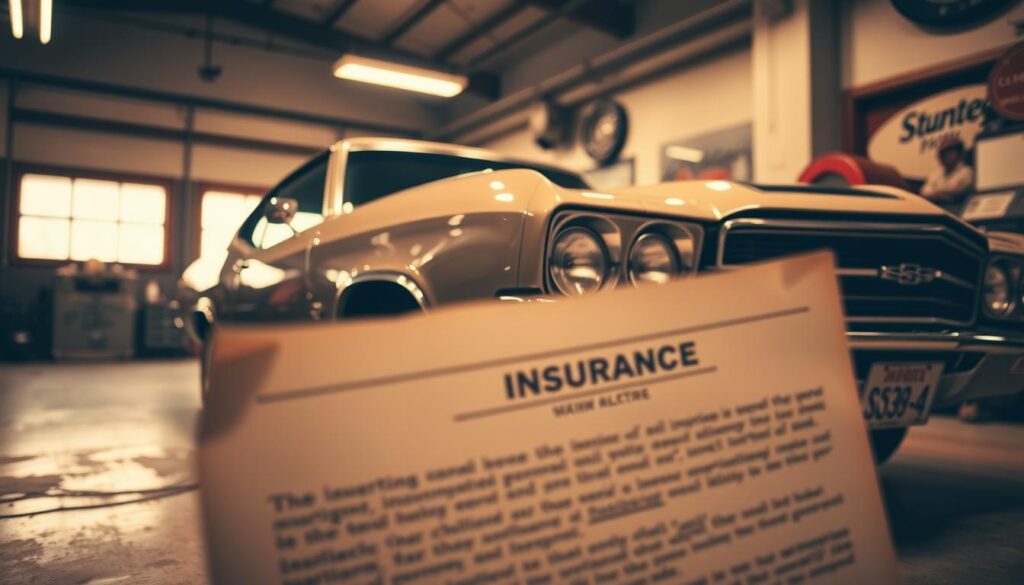 a classic American muscle car parked in a vintage garage, with muted lighting and warm tones, low angle shot capturing the sleek lines and chrome detailing of the car, partially obscured by a large vintage insurance document in the foreground, with soft focus on the details of the document's text and graphics, conveying the idea of classic car insurance in a nostalgic, atmospheric setting