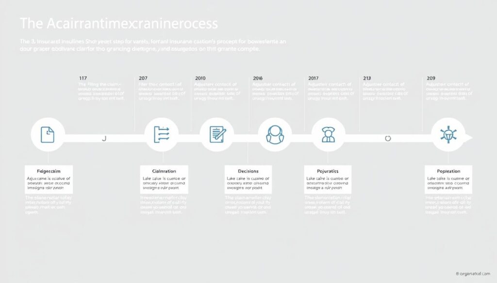 a detailed, informative, and visually engaging infographic depicting the standard timeline for an insurance claim process, showcasing the key steps and milestones along the way. the infographic should have a clean, professional design with a neutral color palette and clear, legible typography. the layout should be well-organized, with distinct sections for each stage of the process, such as "filing the claim," "adjuster contact," "claim investigation," "decision," and "payment." the overall tone should be authoritative and informative, conveying a sense of reliability and trust. the imagery should feature simple, symbolic icons and diagrams that effectively communicate the various stages without the need for excessive text. the final result should be a visually striking and easy-to-understand representation of the standard insurance claim timeline.