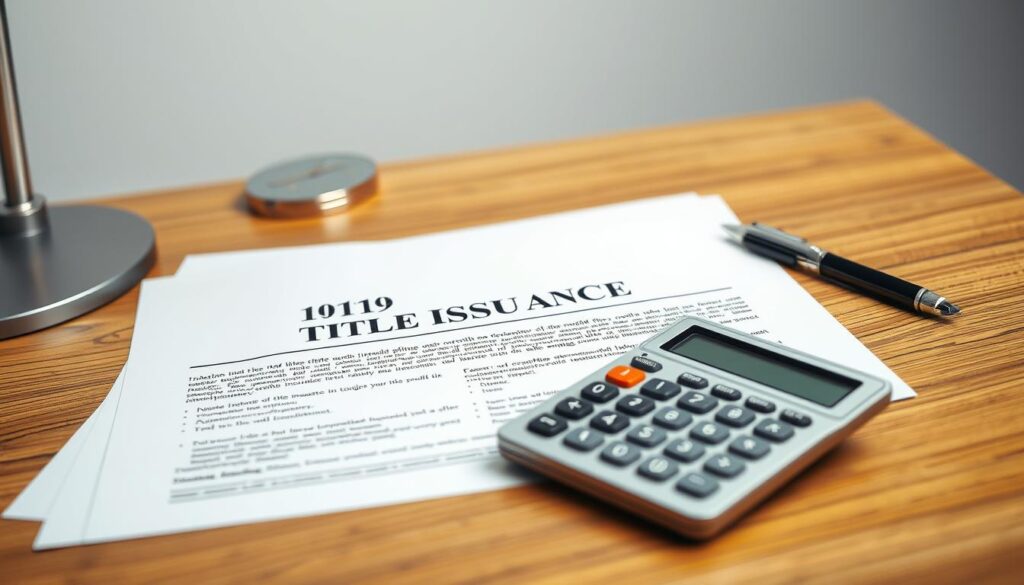 a detailed, photorealistic image of title insurance paperwork and documents on a wooden desk, with a cash stack and calculator in the foreground, all under soft, diffused studio lighting and a clean, minimal background that suggests a professional, financial setting. The documents should be clearly visible and legible, showcasing the key elements of title insurance for cash buyers.