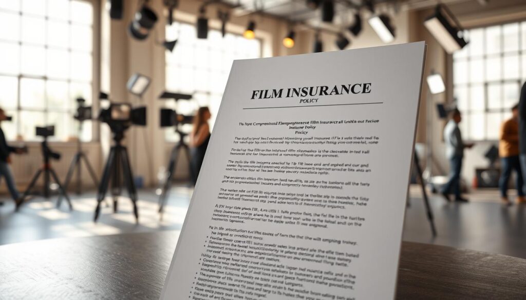 a high-quality 3D rendering of a comprehensive film insurance policy document with a professional-looking cover page, set against a backdrop of a film production set with camera equipment, lighting fixtures, and crew members in the background, all illuminated by natural daylight streaming through large studio windows. The focus is on the insurance policy, which is prominently displayed and legible, conveying a sense of security and protection for the film production. a high-quality 3D rendering of a comprehensive film insurance policy document with a professional-looking cover page, set against a backdrop of a film production set with camera equipment, lighting fixtures, and crew members in the background, all illuminated by natural daylight streaming through large studio windows. The focus is on the insurance policy, which is prominently displayed and legible, conveying a sense of security and protection for the film production.
