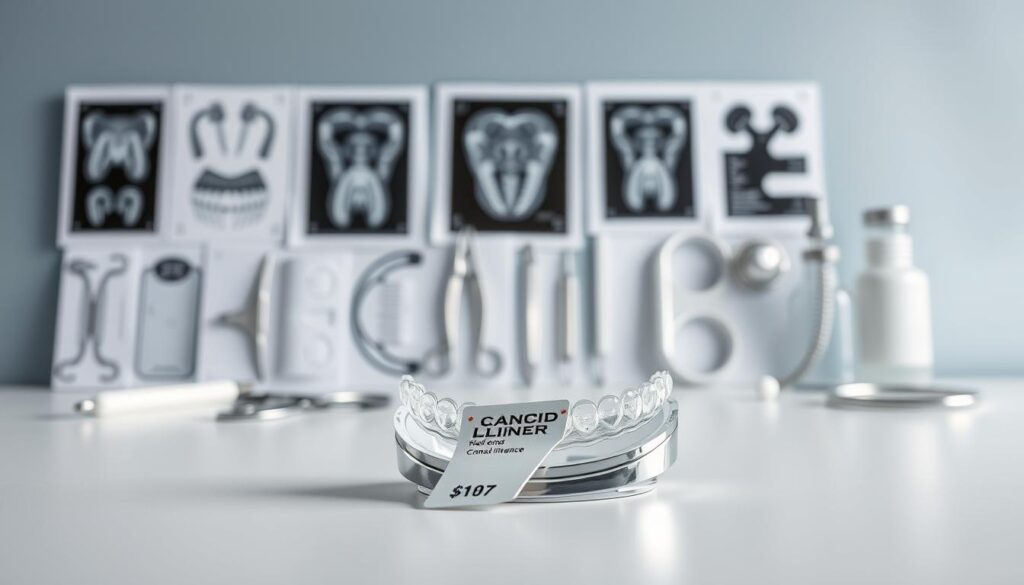 a highly detailed and realistic image of the costs of Candid aligners, showcasing a clean, modern design with a minimalist layout. The foreground features a sleek, silver Candid aligner tray prominently displayed, with a price tag attached and clearly visible. The middle ground shows a neatly arranged array of dental x-rays, clinical tools, and other medical paraphernalia, conveying the professional and medical nature of the product. The background has a soft, blurred gradient in shades of blue and gray, creating a calming and trustworthy atmosphere. The lighting is soft and diffused, emphasizing the high-quality materials and craftsmanship of the Candid aligner. The overall composition is balanced and visually appealing, with a focus on conveying the cost and value of the Candid aligner without insurance.